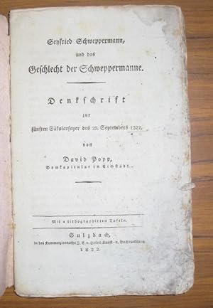 Imagen del vendedor de Seyfried Schweppermann, und das Geschlecht der Schweppermanne. Denkschrift zur fnften Skularfeyer des 28. Septembers 1322. a la venta por Antiquariat Carl Wegner