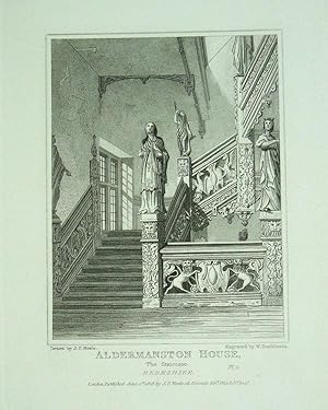 Original Antique Engraving Illustrating The Staircase at Aldermaston House in Berkshire, The Seat...