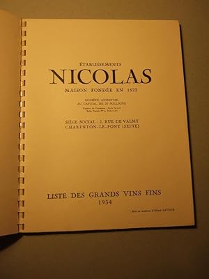 Bild des Verkufers fr Liste Des Grands Vins Fins 1934 zum Verkauf von Domifasol