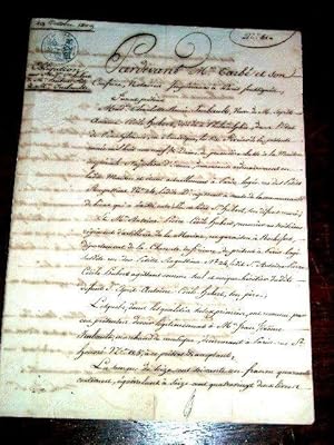 Bild des Verkufers fr Document manuscrit de 1809 - Obligation par Veuve Hubert et  son fils  Monsieur Imbault - 2 feuillets/4pages crites - Cachets impriaux du Ministre des Relations Exterieures et du Tribunal de la Seine - Timbre  froid Imprial du Grand Ministre de zum Verkauf von JOIE DE LIRE