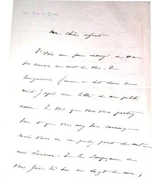 Imagen del vendedor de Lettre autographe signe de Francisque Sarcey le destinataire n'est pas cit mais il s'agit d'Alice Ducasse - Il est ennuy de ne pas recevoir de mot d elle. Il demande des nouvelles de leur ami Laurier qu il souponne de lui faire la cour. Qu il sera a la venta por JOIE DE LIRE