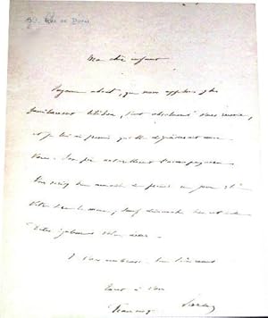 Imagen del vendedor de Lettre autographe signe de Francisque Sarcey. le destinataire n'est pas cit mais il s'agit d'Alice Ducasse - Suzanne About qu ils appellent familirement  Titibon  veut absolument la revoir. Il lui a promis qu elle djeunerait avec elle que son pre a la venta por JOIE DE LIRE