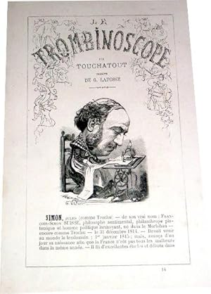 Imagen del vendedor de Le Trombinoscope -Portrait satirique de Jules Simon, assis devant une machine  coudre et dguis en femme. Ce portrait est suivi d'une biographie. a la venta por JOIE DE LIRE