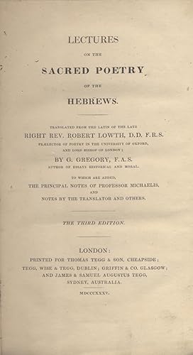 Bild des Verkufers fr LECTURES ON THE SACRED POETRY OF THE HEBREWS zum Verkauf von Dan Wyman Books, LLC