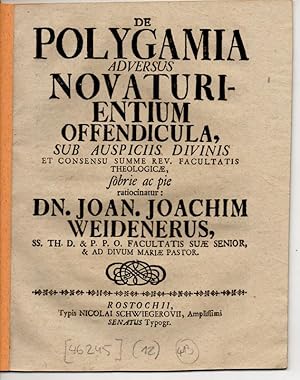 Bild des Verkufers fr De polygamia adversus novaturientium offendicula. zum Verkauf von Wissenschaftliches Antiquariat Kln Dr. Sebastian Peters UG