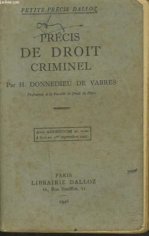 Bild des Verkufers fr PRECIS DE DROIT CRIMINEL zum Verkauf von Le-Livre
