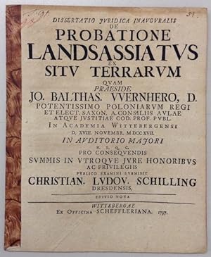Immagine del venditore per Dissertatio juridica inauguralis de probatione Landsassiatus ex situ terrarum. Editio nova. venduto da Buch & Consult Ulrich Keip