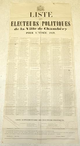 Liste des électeurs politiques de la Ville de Chambéry pour l'année 1849