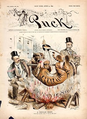 Imagen del vendedor de Lithograph: "A Popular Roast".engraving (colored) from Puck Humorous Weekly, April 9, 1890 (Volume XXVII No. 683) a la venta por Dorley House Books, Inc.