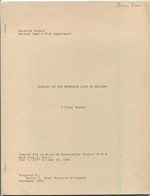 Bild des Verkufers fr Ecology of the Mountain Lion in Arizona: A Final Report zum Verkauf von Ken Sanders Rare Books, ABAA