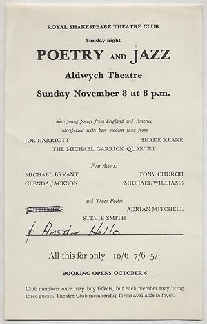 Bild des Verkufers fr [Handbill]: Royal Shakespeare Theatre Club. Sunday Night Poetry and Jazz . New Poetry from England and America interspersed with best modern jazz. zum Verkauf von Between the Covers-Rare Books, Inc. ABAA