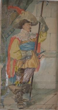 Original George Cruikshank Watercolor of a Seventeenth Century Cavalier