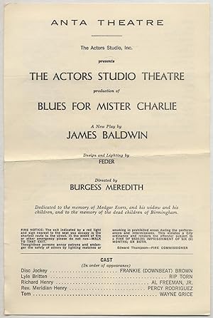 Bild des Verkufers fr [Handbill]: The Actors Studio Presents The Actors Studio Theatre Production of Blues For Mister Charlie a new play by James Baldwin zum Verkauf von Between the Covers-Rare Books, Inc. ABAA