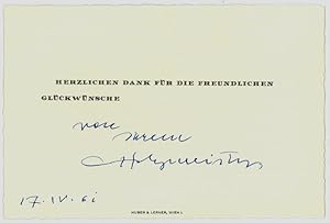 Immagine del venditore per Gedr. Dankeskarte mit eigenh. Datum und U. venduto da Antiquariat INLIBRIS Gilhofer Nfg. GmbH