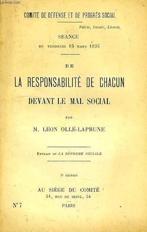 Bild des Verkufers fr DE LA RESPONSABILITE DE CHACUN DEVANT LE MAL SOCIAL zum Verkauf von Le-Livre