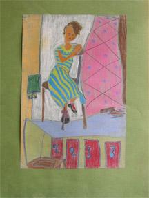 Woman in a striped dress in the style of the Bay Area Figurative School.