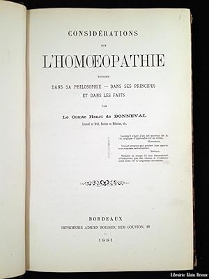 Imagen del vendedor de Considrations sur l'homopathie tudie dans sa philosophie, dans ses principes et dans les faits a la venta por Librairie Alain Brieux