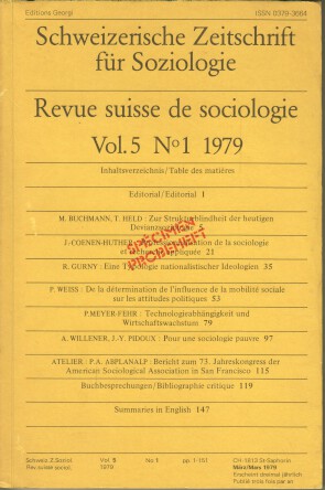Image du vendeur pour Schweizerische Zeitschrift fr Soziologie : Revue suisse de sociologie. Vol. 5 - No. 1, Mrz 1979 deutsch, franz., engl. mis en vente par Bcher bei den 7 Bergen