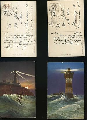 Bild des Verkufers fr Konvolut 6 Postkarten: Leuchttrme aus Arkona auf Rgen / Warnemnde / Helgoland / Eddystone / Rote sand Leuchtturm. Wesermndung / Friedrichsort, Kieler Frde. Alle Postkarten rckseitig hanschriftlich beschriftet / Feldpost, Kaiserlich Deutsche Marine Schiffspost. T.S.N. Serie 1236. zum Verkauf von Umbras Kuriosittenkabinett