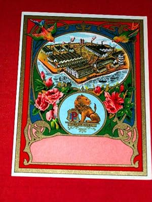 Bild des Verkufers fr Trs belle tiquette chromolithographie ancienne preuve avant la lettre Reprsentant une usine et dans un mdaillon un lion avec le monogramme EP? zum Verkauf von JOIE DE LIRE