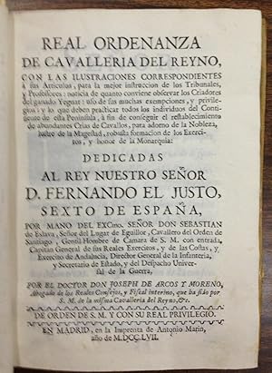 Image du vendeur pour REAL ORDENANZA DE CAVALLERIA DEL REYNO, CON LAS ILUSTRACIONES CORRESPONDIENTES a sus artculos, para la mejor instruccin de los Tribunales, y Professores: noticia de quanto conviene observar los Criadores del ganado Yeguar mis en vente par Libreria Jimenez (Libreria A&M Jimenez)