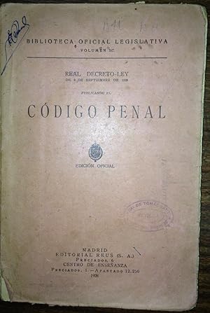 Imagen del vendedor de REAL DECRETO-LEY DE 8-9-1928 PUBLICANDO EL CODIGO PENAL, Edicin Oficial a la venta por Libreria Jimenez (Libreria A&M Jimenez)