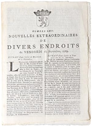 Image du vendeur pour Numero LXXV. Nouvelles Extraordinaires de Divers Endroits du Vendredi 18 September, 1789 . Extrait d'une lettre de Madrid du 1 Septembre . mis en vente par Donald A. Heald Rare Books (ABAA)