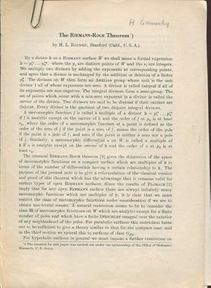 Image du vendeur pour The Riemann-Roch Theorem. / On a Class of Null-Bounded Riemann Surefaces. mis en vente par Antiquariat am Flughafen