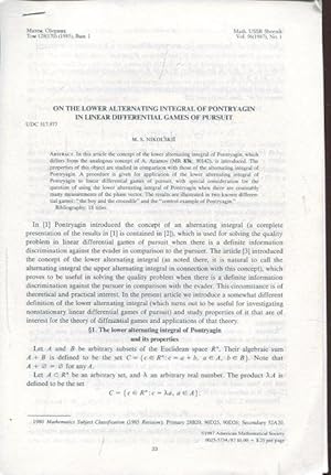 Imagen del vendedor de On the Lower Alternating Integral of Pontryagin in Linear Differential Games of Pursuit. a la venta por Antiquariat am Flughafen