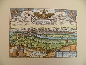 Ratisbona. (Regensburg). Kolor. Faksimile eines Kupferstichs von J. Hufnagel von 1594. 16 x 22,5 cm.