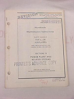 Image du vendeur pour Handbook Maintenence Instructions Navy Models F3H-2, -2M Airplanes Section IV Power Plant and Related Systems Revision Notice mis en vente par Princeton Antiques Bookshop