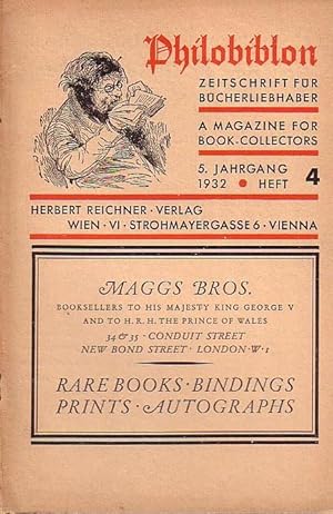 Image du vendeur pour Philobiblon. Zeitschrift fr Bcherliebhaber/A Magazine for Book-Collectors. Fnfter Jahrgang 1932, Heft 4. Folgende Aufstze sind enthalten: Prof. W.L.Schreiber+ / Hermann Uhde-Bernays: Goethe und die Lithographien zum "Faust" von Eugne Delacroix / Georg Kinsky: Zeitgenssische Goethe-Vertonungen (Schlu von S. 99) mis en vente par Antiquariat Carl Wegner