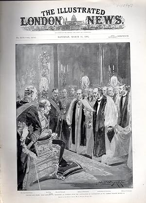 Imagen del vendedor de ENGRAVING: "Church and State: King Edward VII Receiving an Address from the Convocation of Canterbury at St. James's Palace". engraving from The Illustrated London News, March 16, 1901 a la venta por Dorley House Books, Inc.