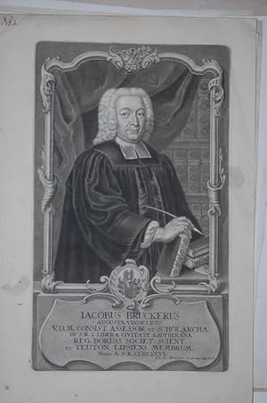 Bild des Verkufers fr Portrait. Halbfigur stehend mit Buch und Federkiel in der rechten Hand. Im Hintergrund Bibliothekswand hinter Vorhang. Kupferstich in Schabkunstmanier (Mezzotinto) von Johann Jacob Haid. zum Verkauf von Antiquariat  Braun