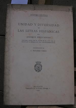 Bild des Verkufers fr UNIDAD Y DIVERSIDAD DE LAS LETRAS HISPANICAS. Contestacin de T. Navarro Toms zum Verkauf von LLIBRES del SENDERI