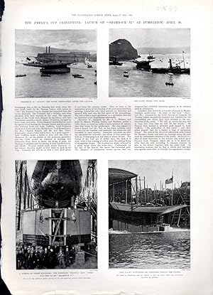 Seller image for PRINT: "The America Cup Challenger: Launch of the :"Shamrock" II" at Dumbarton".story & photoengravings from The Illustrated London News, April 27, 1901 for sale by Dorley House Books, Inc.