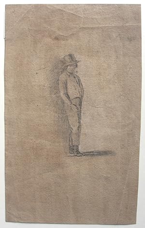 Stehender junger Mann mit Hut und Pfeife. Kohlezeichnung auf braungetöntem Papier