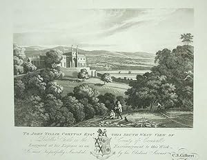 Original Antique Aquatint Engraved Print Illustrating Pentillie Castle in Cornwall.