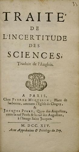 Traité de l'Incertitude des Sciences. Traduit de l'anglois [by Nicolas Berger].