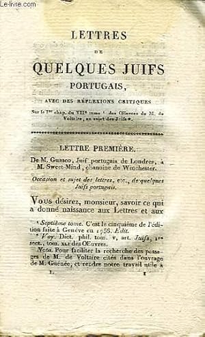 Bild des Verkufers fr LETTRES DE QUELQUES JUIFS PORTUGAIS A M. DE VOLTAIRE, TOME I, AVEC DES REFLEXIONS CRITIQUES zum Verkauf von Le-Livre