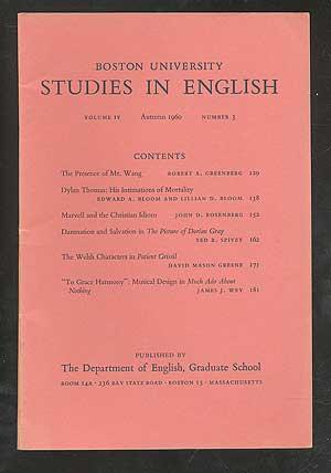 Bild des Verkufers fr Boston University Studies in English: Volume IV, Autumn 1960, Number 3 zum Verkauf von Between the Covers-Rare Books, Inc. ABAA