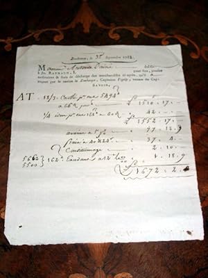 Document fait a Bordeaux le 3 septembre 1782 -Monsieur Antoine l'Ainé doit à Jn Raynaud pour fret...