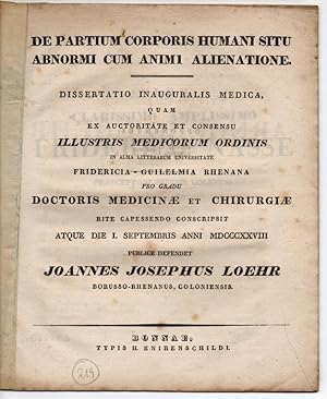 Bild des Verkufers fr De partium corporis humani situ abnormi cum animi alienatione. Dissertation. zum Verkauf von Wissenschaftliches Antiquariat Kln Dr. Sebastian Peters UG