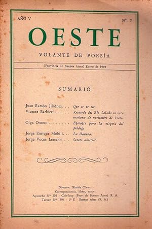 Imagen del vendedor de OESTE - No. 7 - Ao V, enero de 1949. (Epitafio para la vspera del prdigo por Olga Orozco) a la venta por Buenos Aires Libros