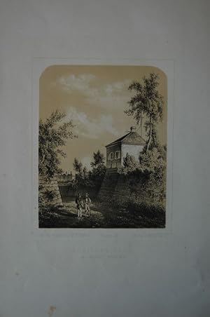 Bild des Verkufers fr Ansicht des Schillerhuschens, im davorliegenden Burggraben 2 Wanderer im Gesprch. Getnte Lithographie von H. Krabbes. Unten mit Bezeichnung: "Schiller-Haus in Loschwitz". zum Verkauf von Antiquariat  Braun