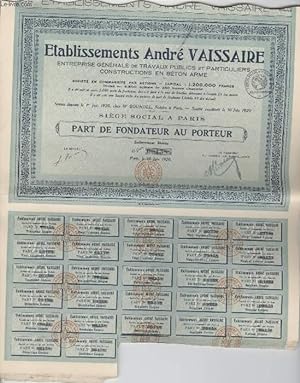 Seller image for 1 PART DE FONDATEUR - ETABLISSEMENTS ANDRE VAISSAIRE for sale by Le-Livre