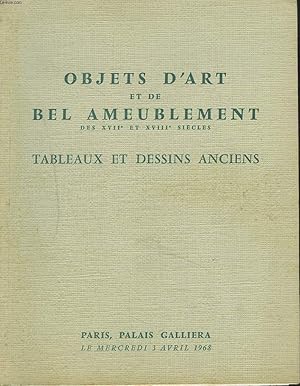 Seller image for OBJETS D'ART ET DE BEL AMEUBLEMENT DES EPOQUES REGENCE, LOUIS XV ET XVI. SIEGES ET MEUBLES. TAPISSERIES ANCIENNES. TAPIS. TABLEAUX ET DESSINS ANCIENS. SCULPTURES. BRONZES. CERAMIQUE DE LA CHINE. PIERRES DURES. VENTE LE 3 AVRIL 1968. for sale by Le-Livre