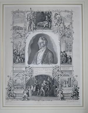 Seller image for Groes Erinnerungsblatt mit Portrait und 9 umgebenden Ansichten aus dem Leben des Robert Steiger, die Segmente mit ornamentaler Verzierung. Lithographie von Perrin. for sale by Antiquariat  Braun