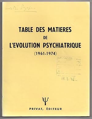 Table des Matières de L'Evolution Psychiatrique ( 1961 - 1974 )