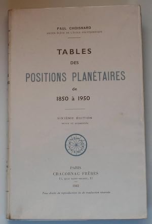 Tables des positions planétaires de 1850 à 1950